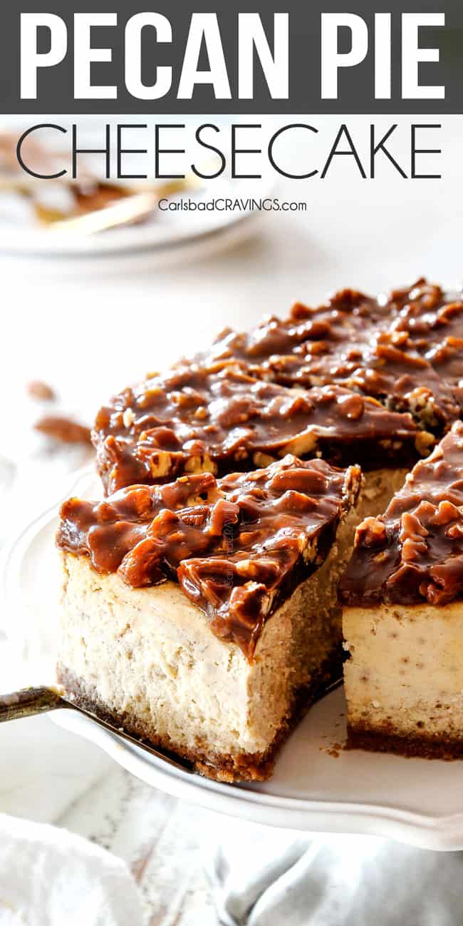 up close taking a slice of pecan pie cheesecake with graham cracker crust on a pedestal