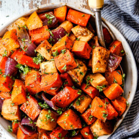 top view of balsamic roasted root vegetables