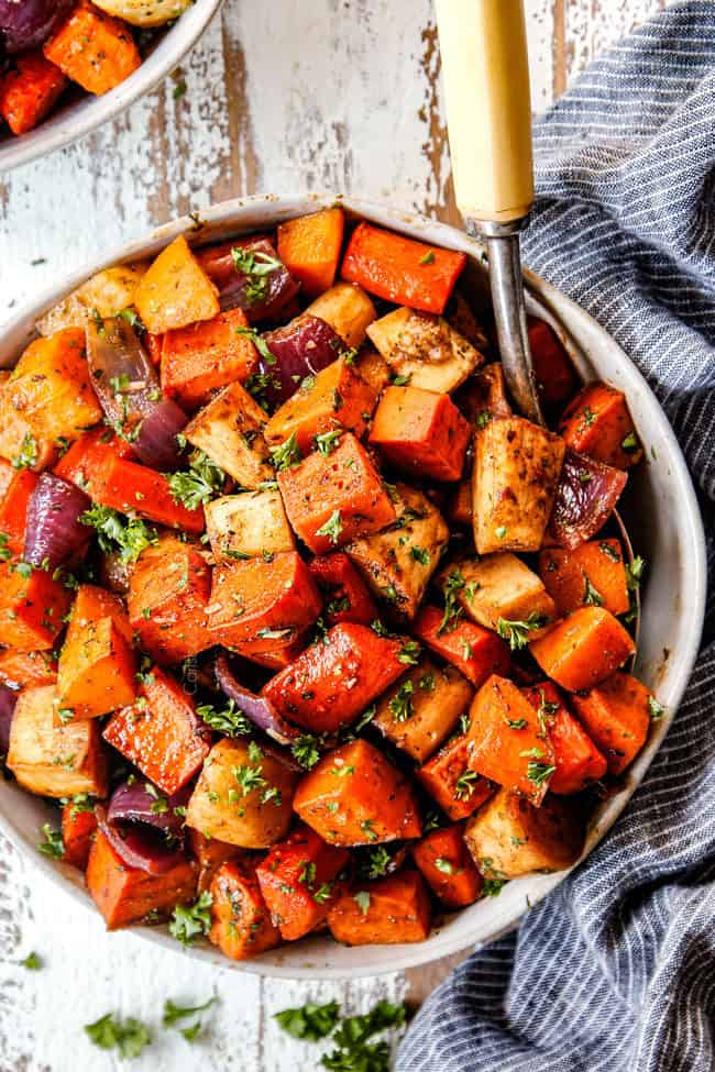 top view of balsamic roasted root vegetables