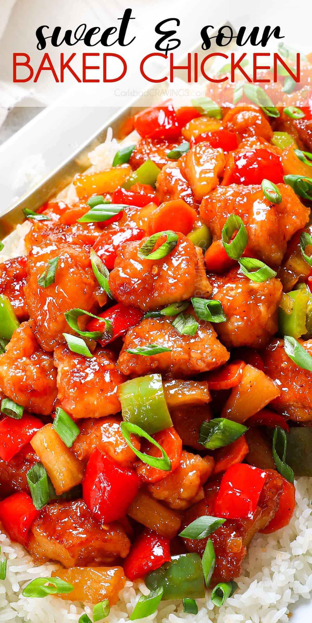 sweet and sour chicken recipe being served on a platter with rice