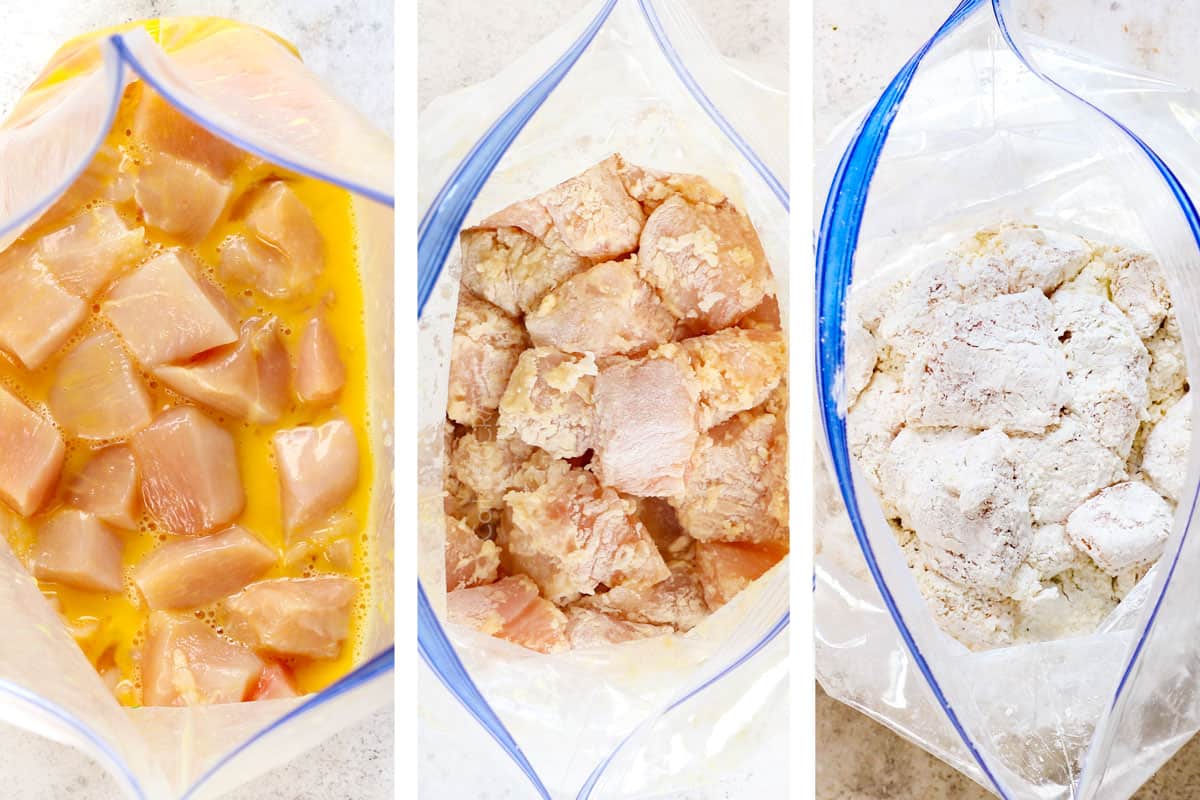 showing how to make sweet and sour chicken by breading chicken in eggs, flour and cornstarch 