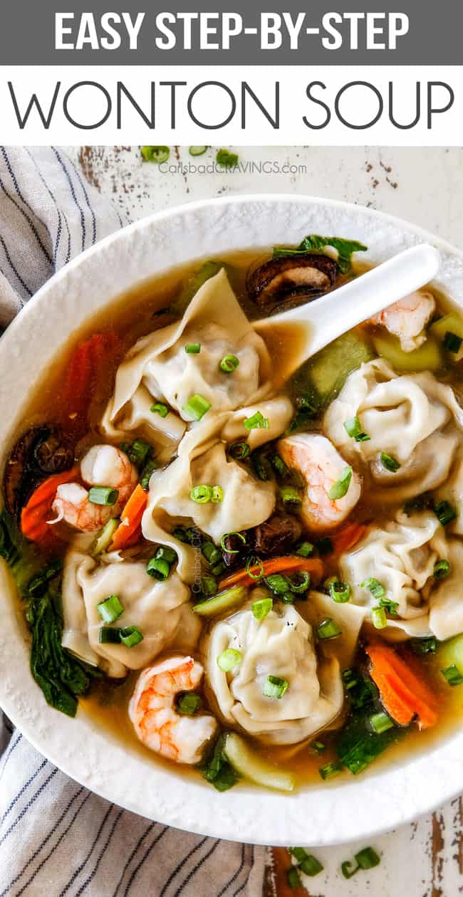 up close of easy wonton soup recipe in a white bowl