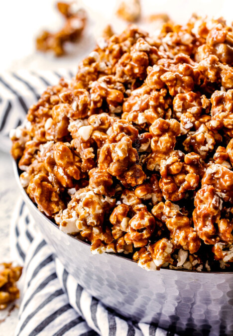 up close side view of crunchy caramel corn