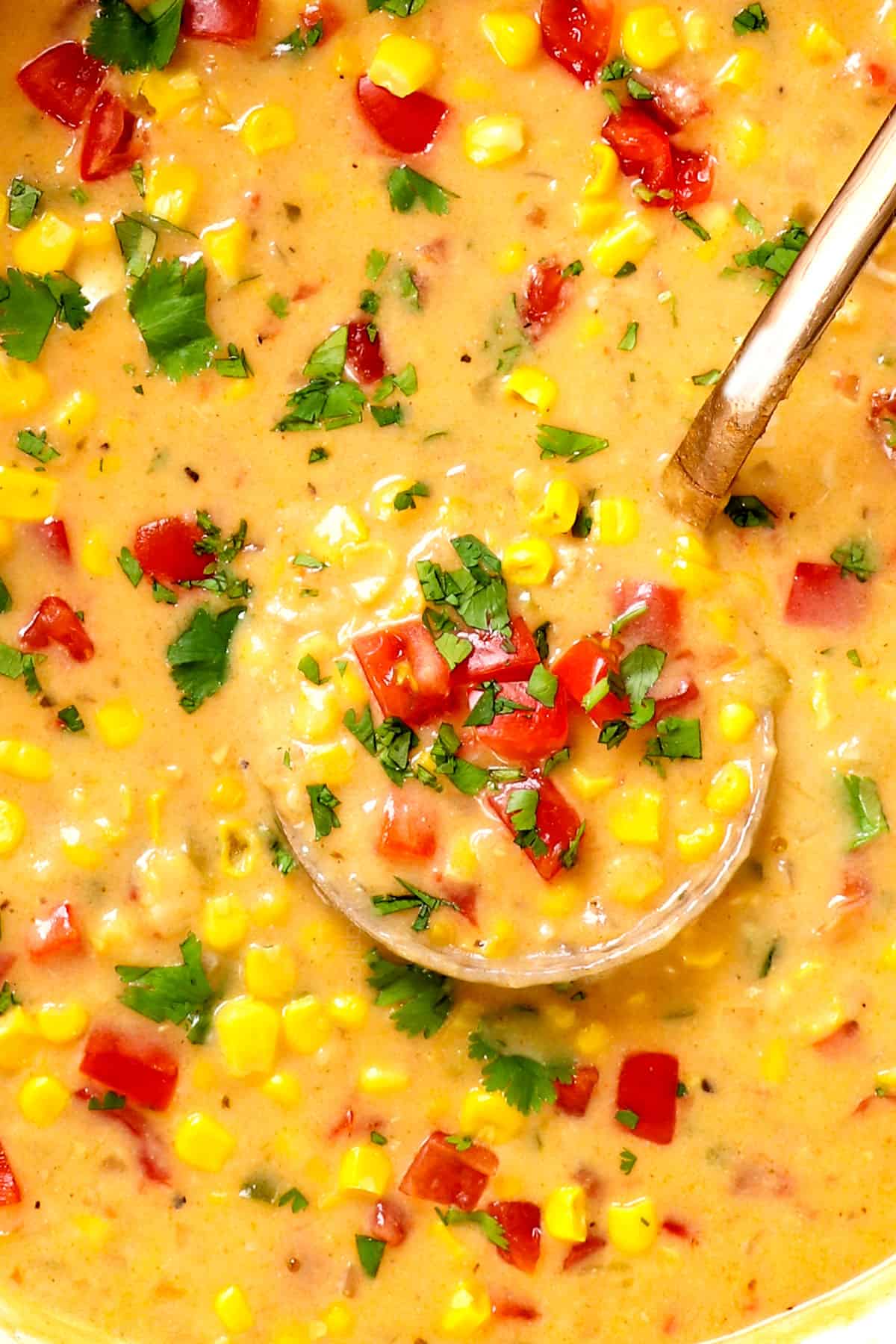 top view of a ladle of chicken chowder showing how thick and creamy it is with lots of corn