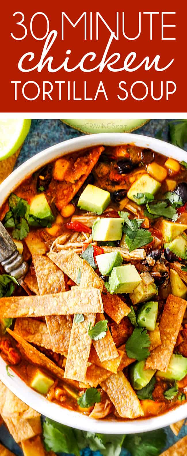 top view of easy chicken tortilla soup in a whit bowl with homemade tortilla strips