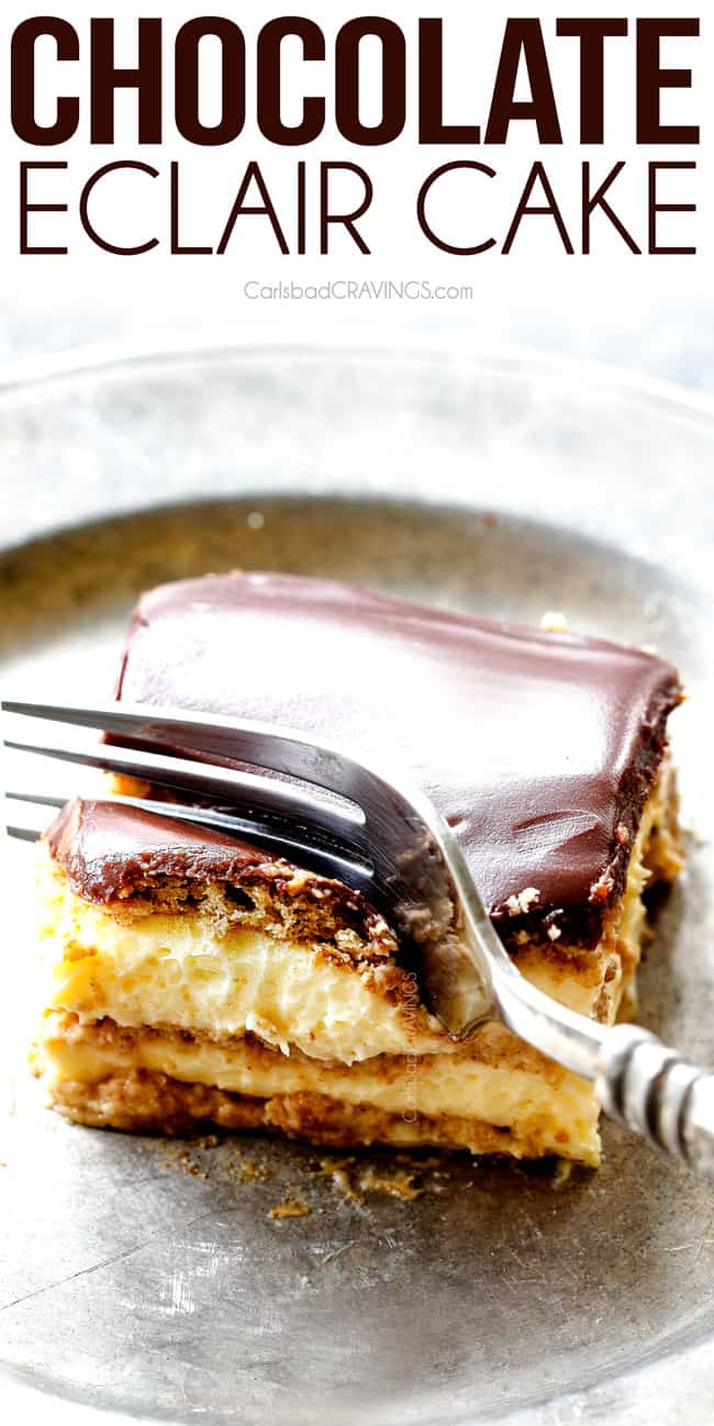 top view of a forking taking a bite of Chocolate Eclair Cake