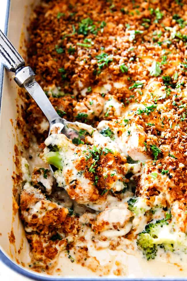 a spoon in easy chicken divan casserole with creamy mornay sauce
