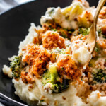 a forkful of chicken divan casserole with chicken, broccoli and panko