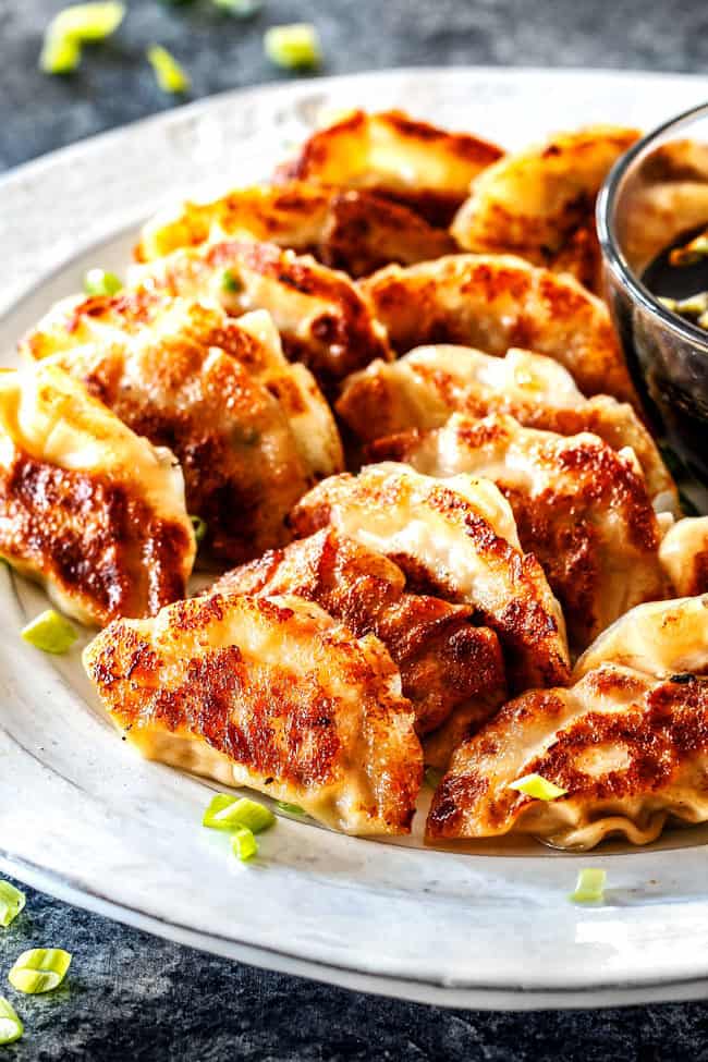 many crunchy potstickers lined in rows on a white serving plate