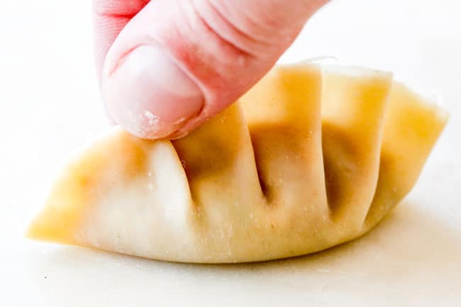 showing how to seal potstickers with pleats by sealing pleats together on top by pinching dough