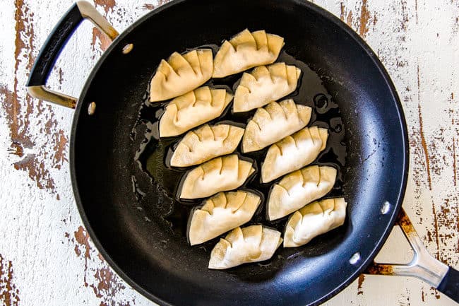 showing how o cook potstickers by adding 12 dumplings to a skillet flat side down to cook without touching until the underside is lightly golden