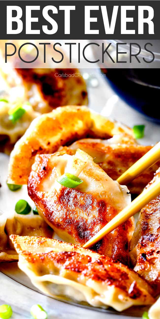 two chopsticks picking up a crispy potsticker