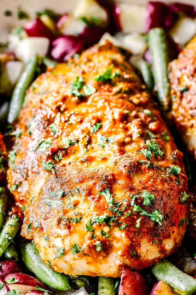 front up close view of baked honey mustard chicken breasts