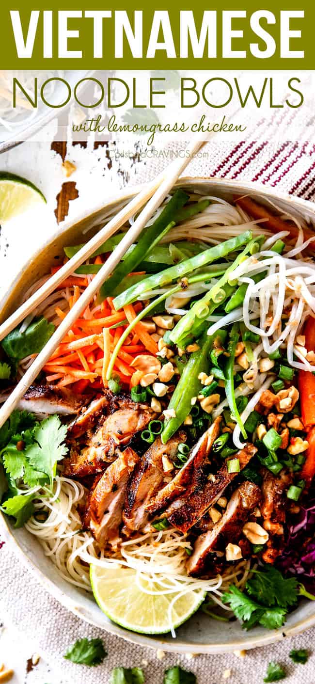 top up close view of Vietnamese noodle with rice noodles, lemongrass chicken, shredded carrots, julienned carrots, bean sprouts and snow peas