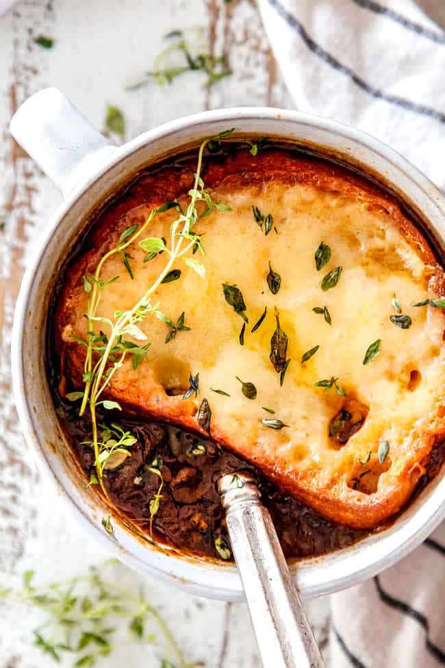 top view of easy French Onion Soup with a cheesy crouton