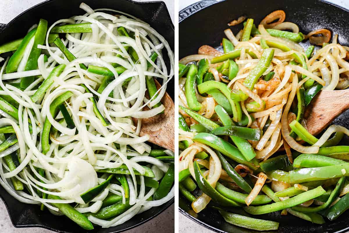 a collage showing how to make Philly cheesesteak by sautรฉing the bell peppers and onions until softened