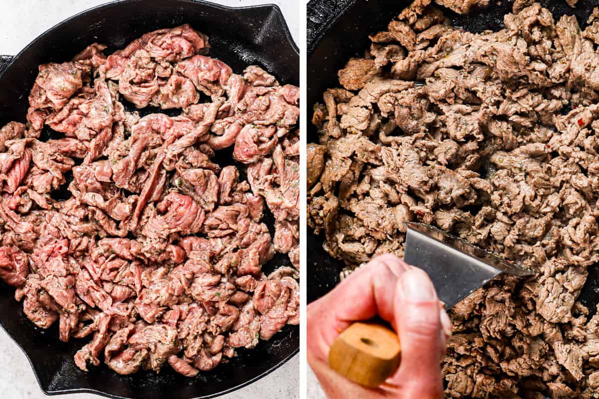 showing how to make Philly cheesesteak by cooking the steak in a single layer in a skillet, then continuing to cook and chop with a spatula