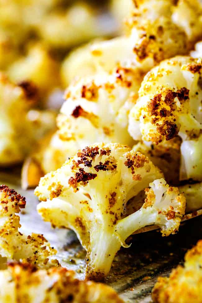 up close of a spicy roasted cauliflower floret