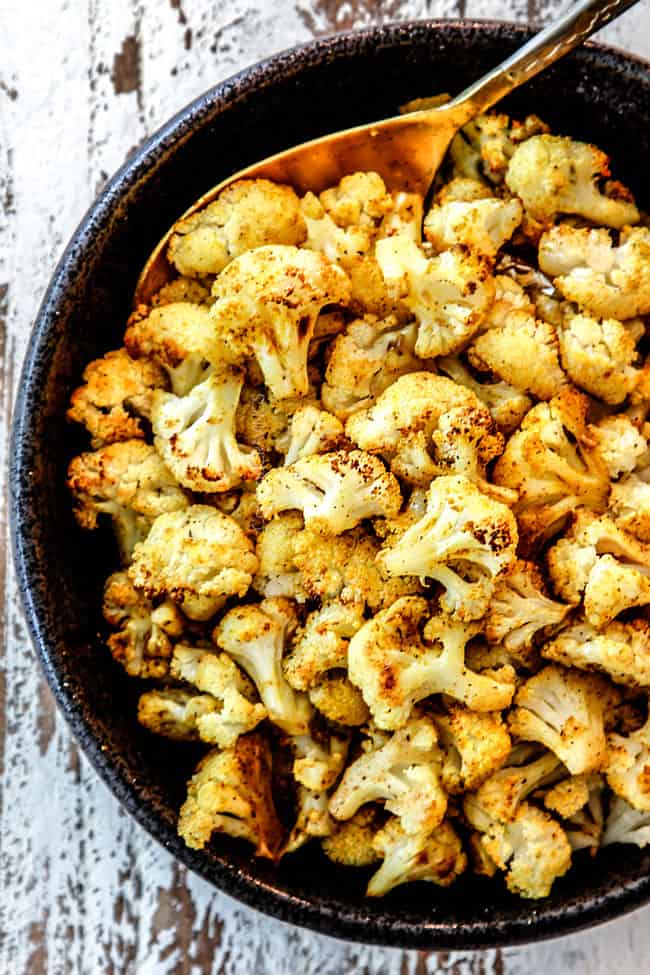 top view of spicy roasted cauliflower in a bowl