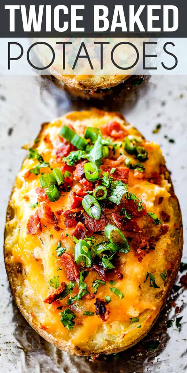 front up close view of make ahead twice baked potatoes with cheese, sour cream and bacon