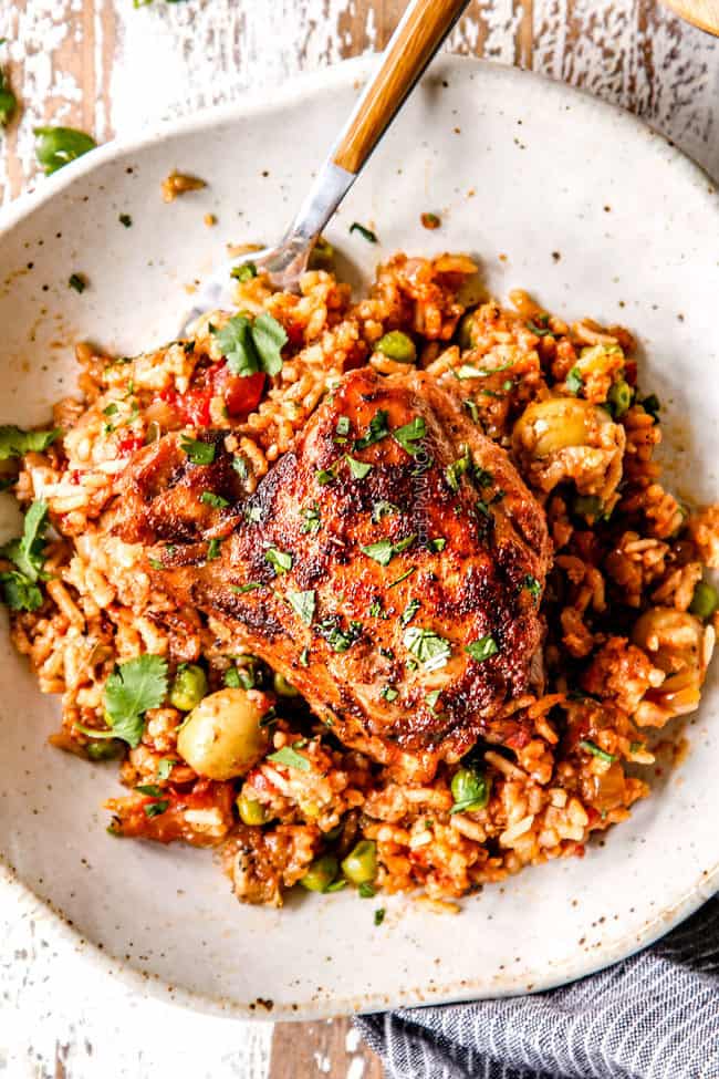 top view of a piece of arroz con pollo made with chicken thighs