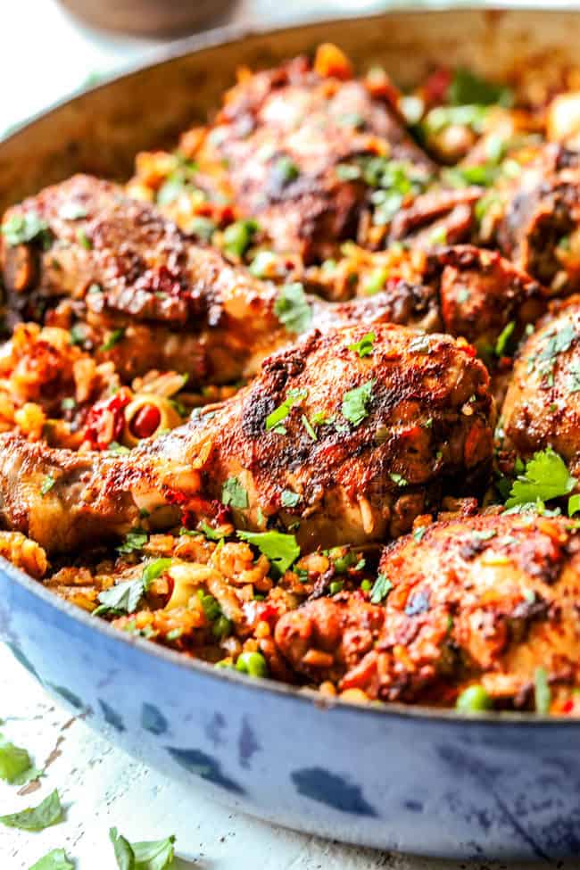 side view of Mexican arroz con pollo garnished with cilantro