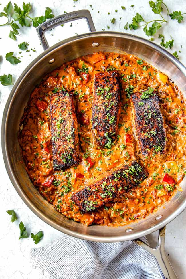 far away top view of the best blackened salmon garnished with parsley