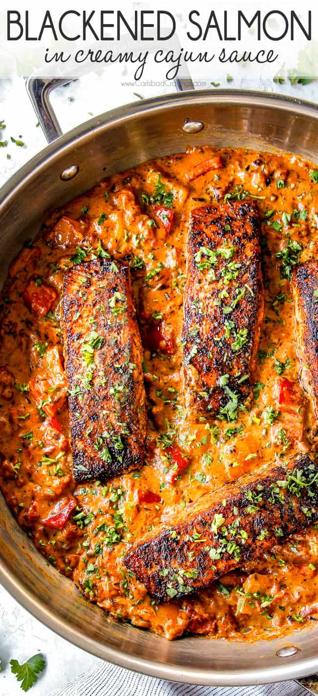 top view of easy blackened salmon in a stainless steal skillet