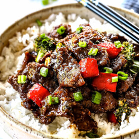easy Mongolian Beef with Broccoli in a bowl with white rice