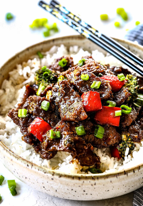 easy Mongolian Beef with Broccoli in a bowl with white rice