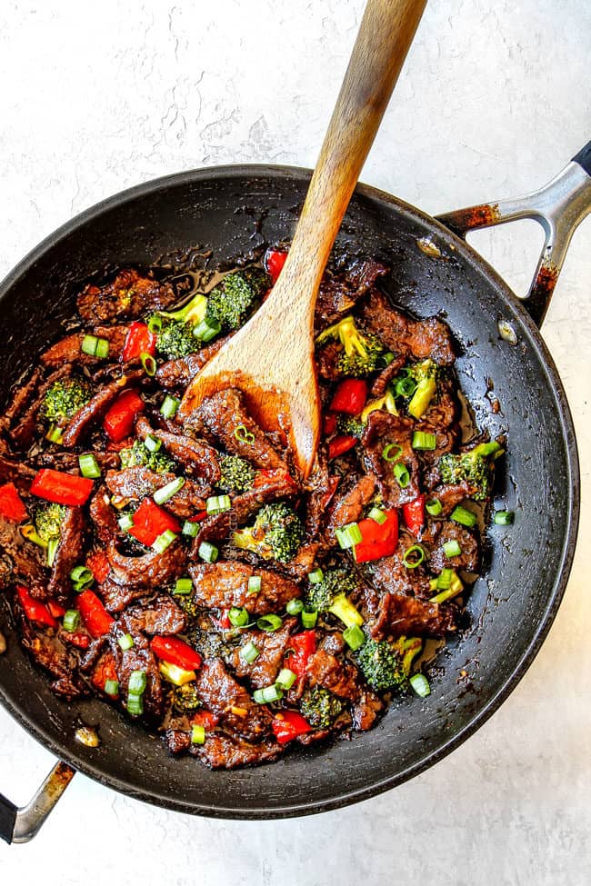 top view of Mongolian Beef and Broccoli in a skillet