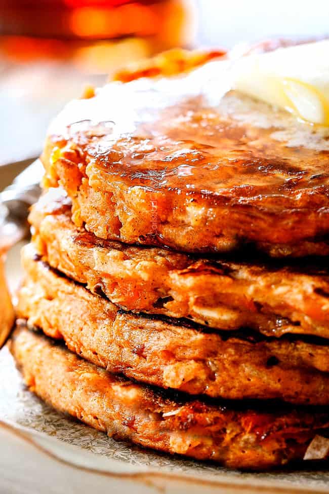 up close side view of fluffy sweet potato pancakes