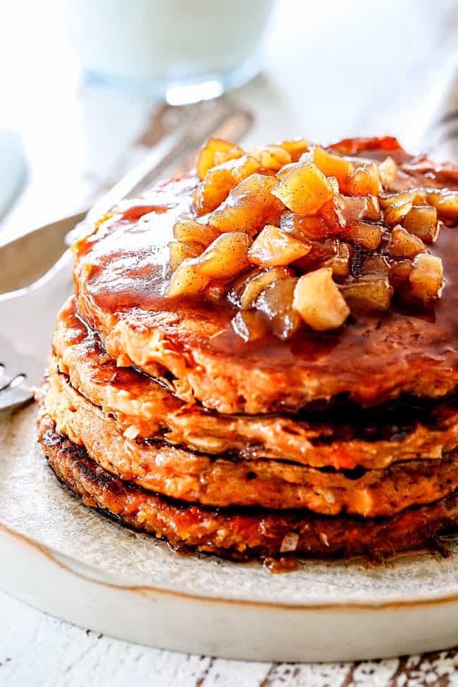 up close of of best sweet potato pancakes with syrup