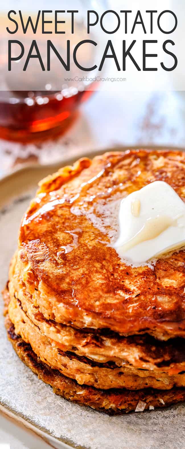 up close of a stack of healthy sweet potato pancakes with butter melting on top