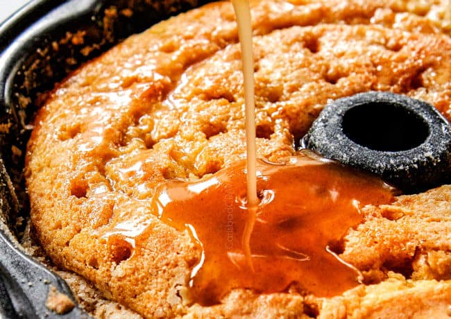 showing how to make kentucky butter cake by pouring glaze into poked holes