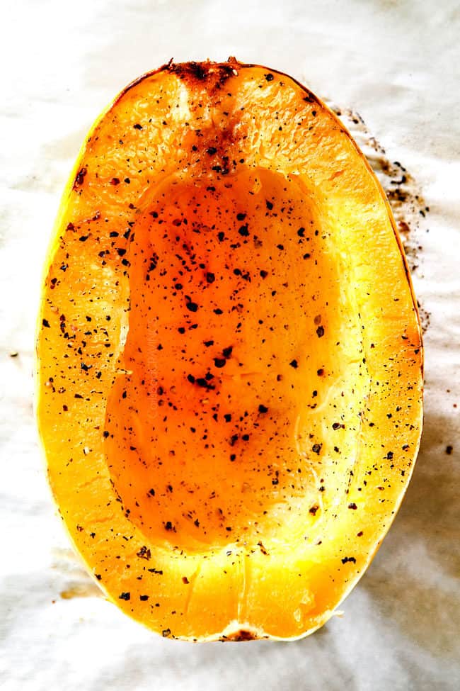 showing how to cook spaghetti squash with a top view of a roasted spaghetti squash