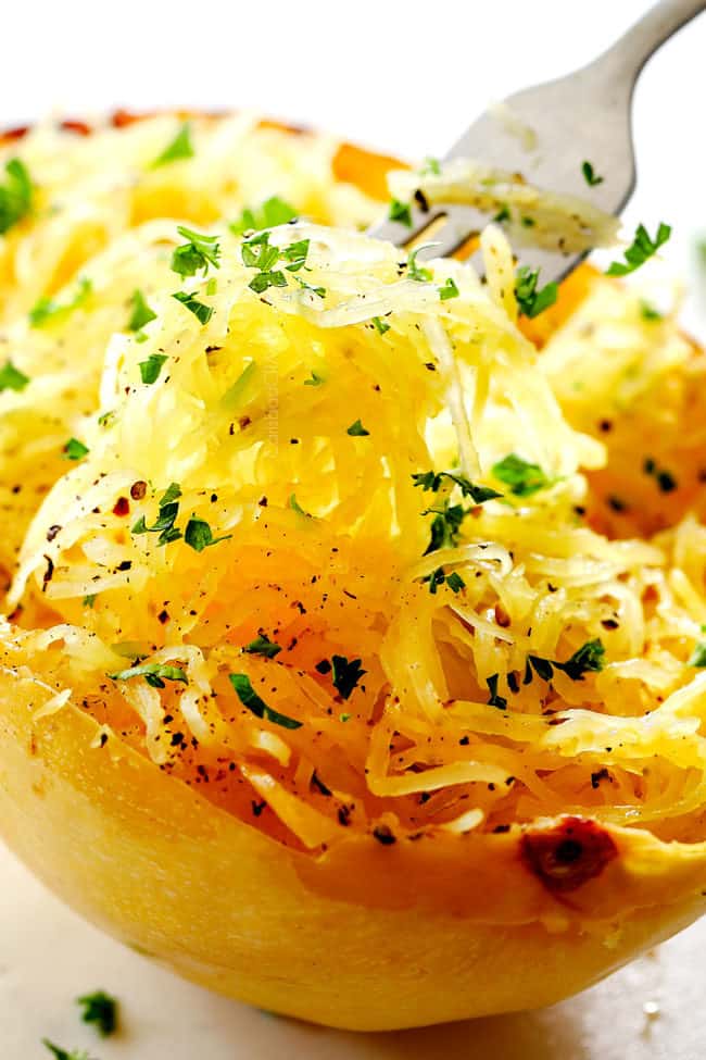 up close of a bite of roasted spaghetti squash