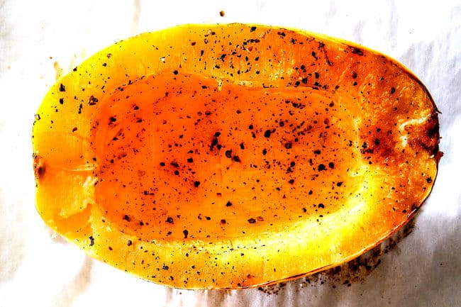 top view of half of a roasted spaghetti squash
