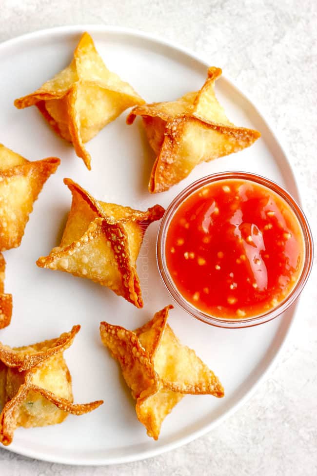 top iew of cream cheese wonton recipe on a white plate