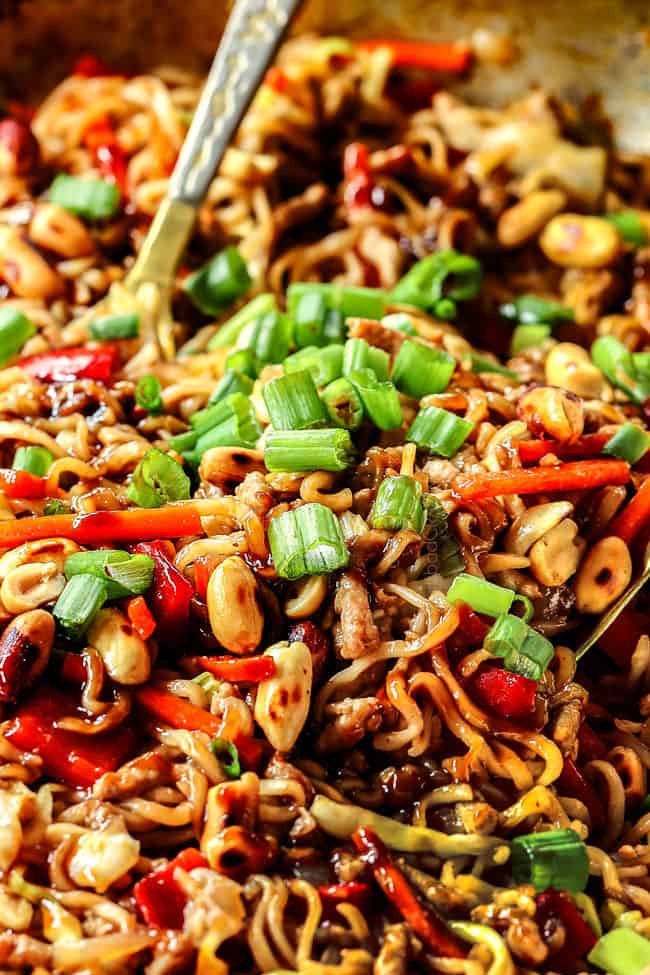 up close of instant ramen recipe with ground pork, bell peppers and green onions