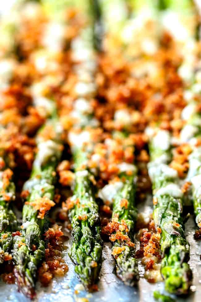 front view of oven baked asparagus with Parmesan and panko