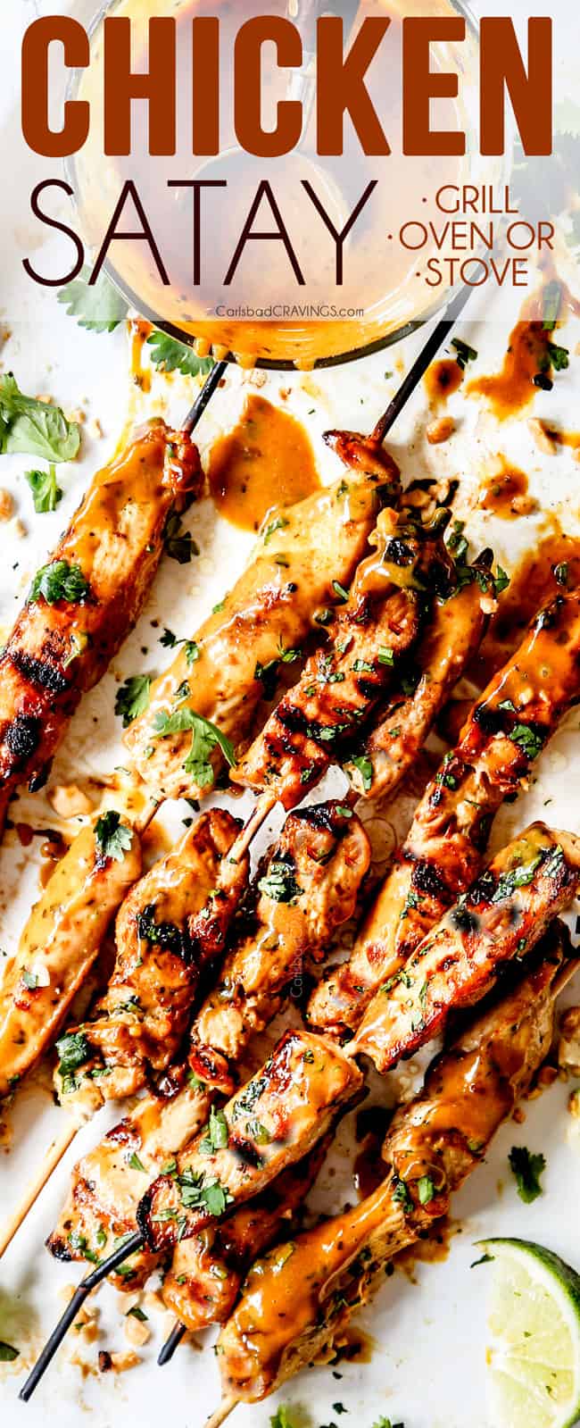 healthy chicken satay on wooden skewers garnished by cilantro