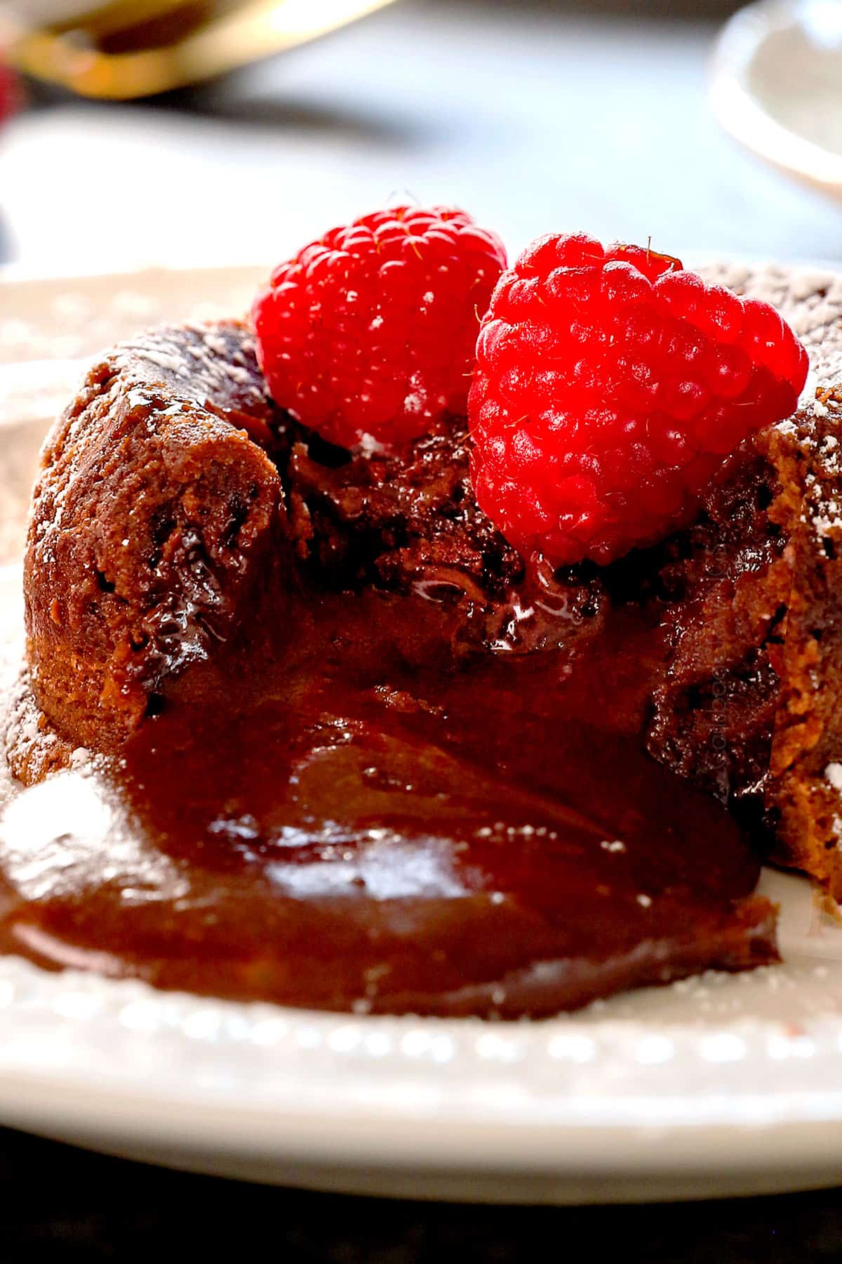 up close of lava cake recipe oozing chocolate 