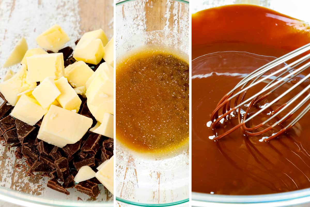 a collage showing how to make chocolate lave cake recipe by adding butter and chopped chocolate to a microwave safe bowl, microwaving to melt, then whisking together until smooth
