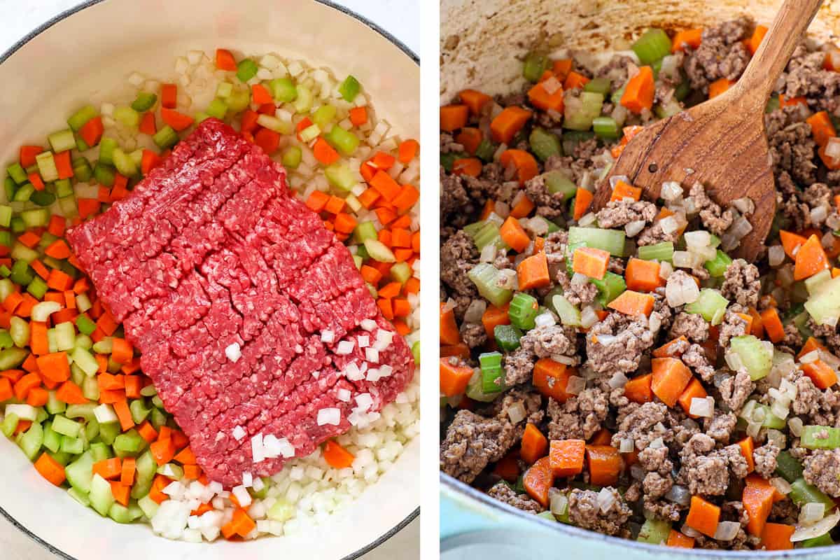 showing how to make hamburger soup by adding the hamburger, onions, carrots and celery to the pot, then browning 