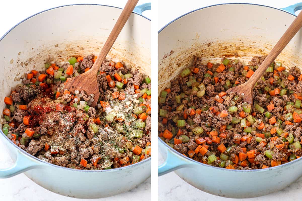 showing how to make hamburger soup by adding the spices and garlic and sautéing 