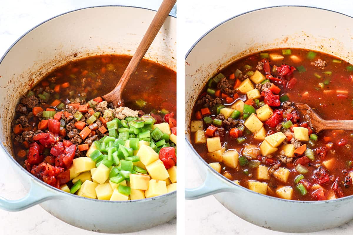 showing how to make hamburger soup by adding potatoes, bell peppers, diced tomatoes, tomato sauce, beef broth, mustard, Worcestershire, liquid smoke, brown sugar, and vinegar.  