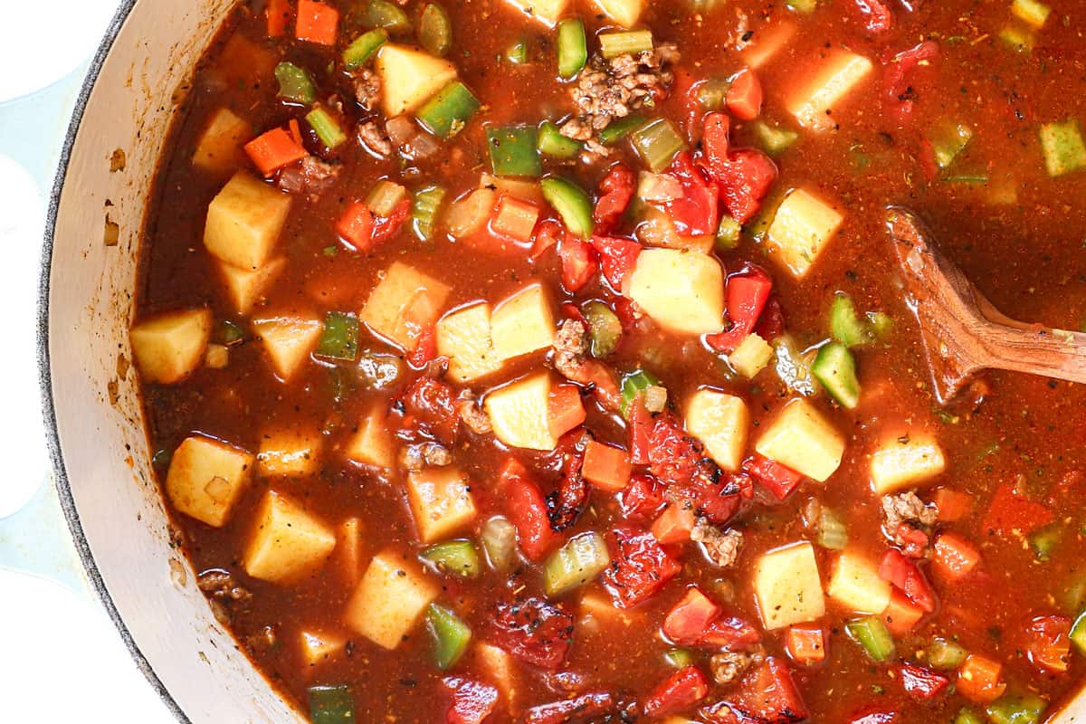 showing how to make hamburger soup by simmering the soup