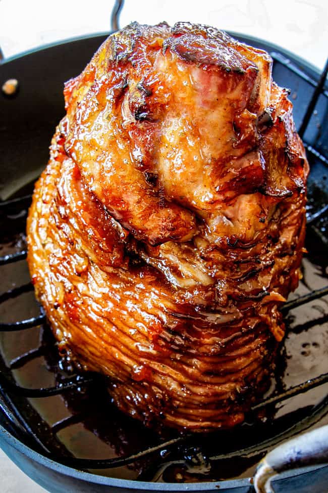 showing how to make honey glazed ham by caramelizing edges in a hot oven