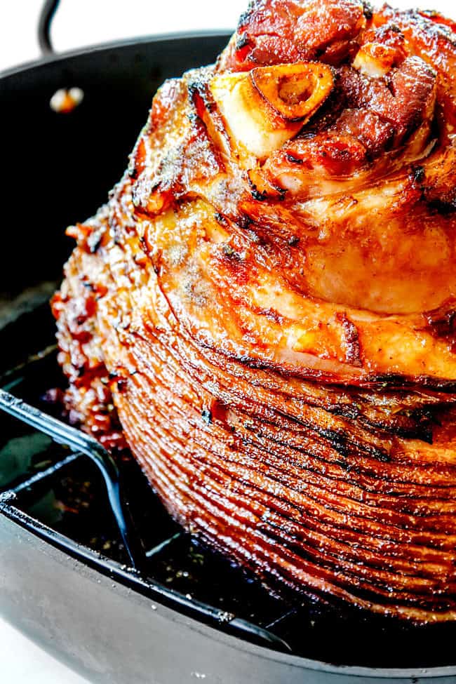 honey baked ham on a roasting pan